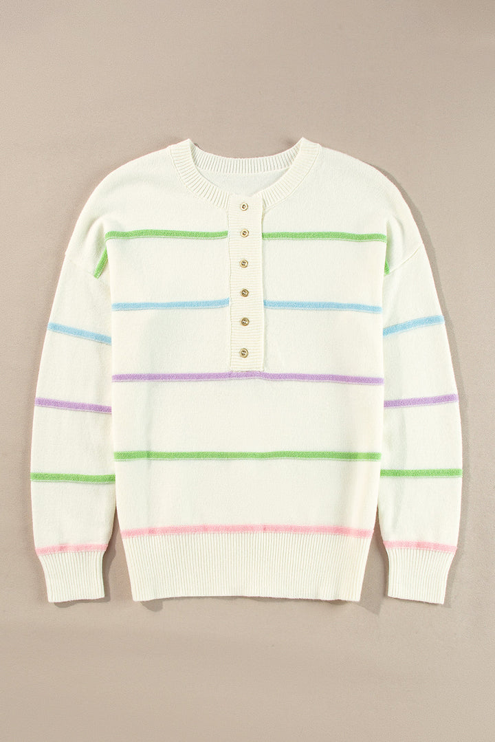 Rainbow Stripes Drop Shoulder Baggy Henley Sweater