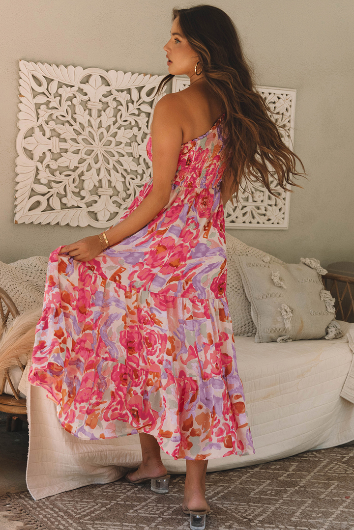 Abstract Floral Print Shirred One Shoulder Maxi Dress