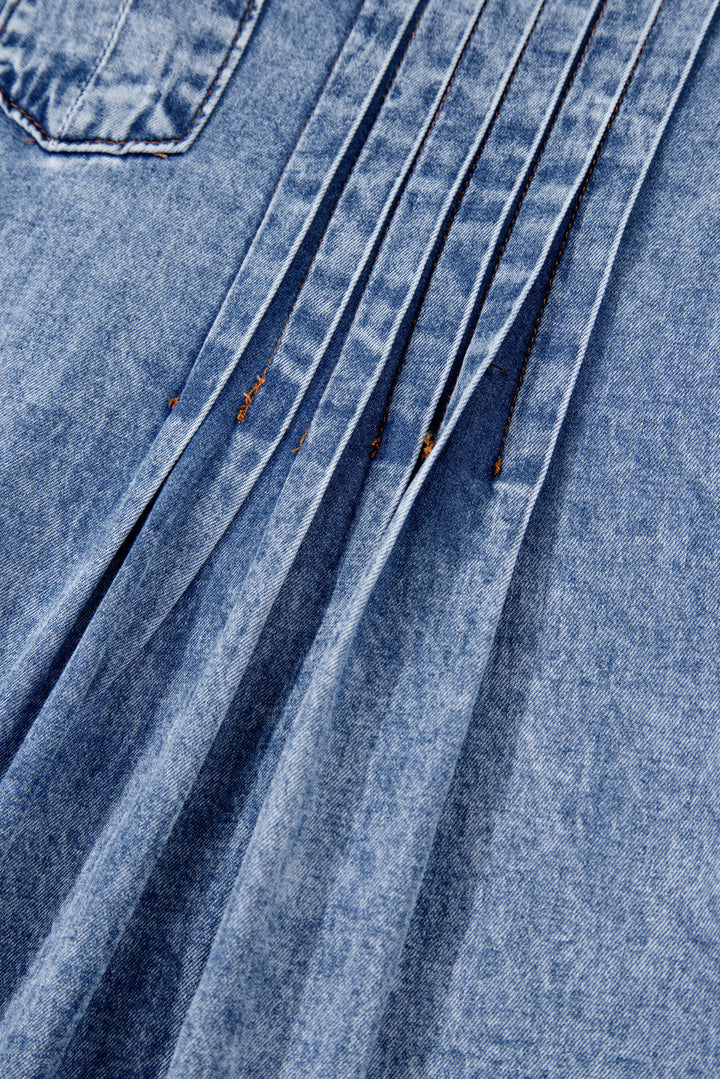 Tie V Neck Tucking Detail Short Sleeve Denim Shift Dress