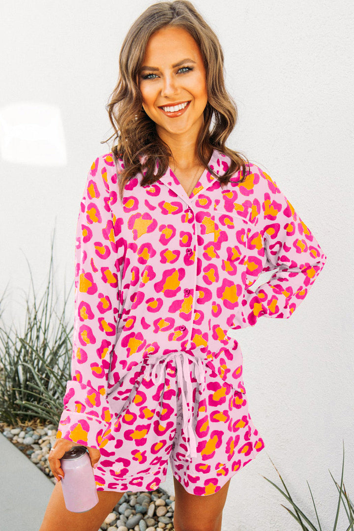 leopard print long sleeve shirt and shorts pajama set
