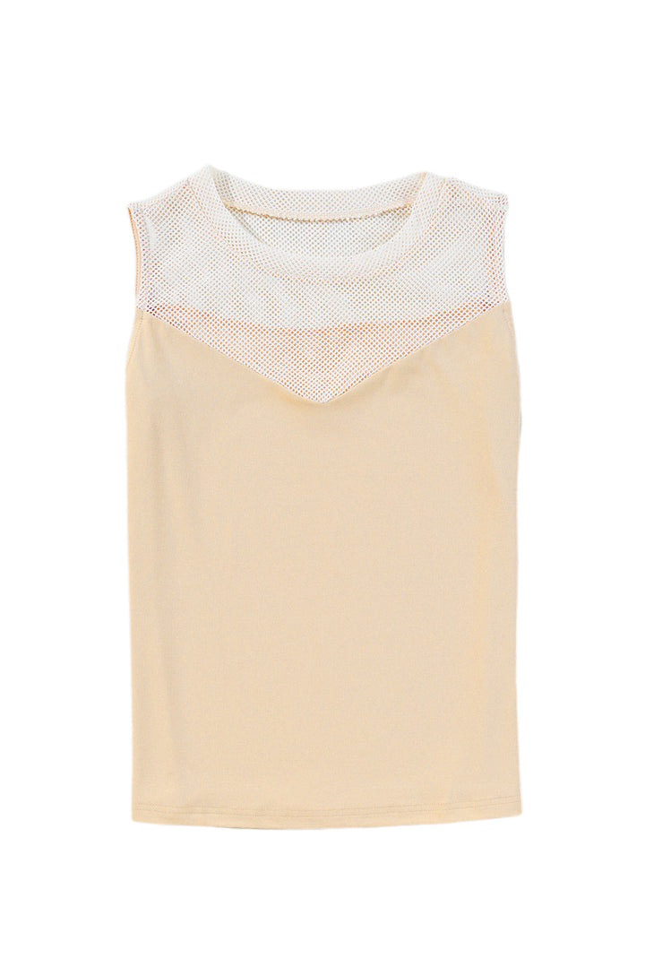 Solid Mesh Patchwork Crew Neck Tank Top