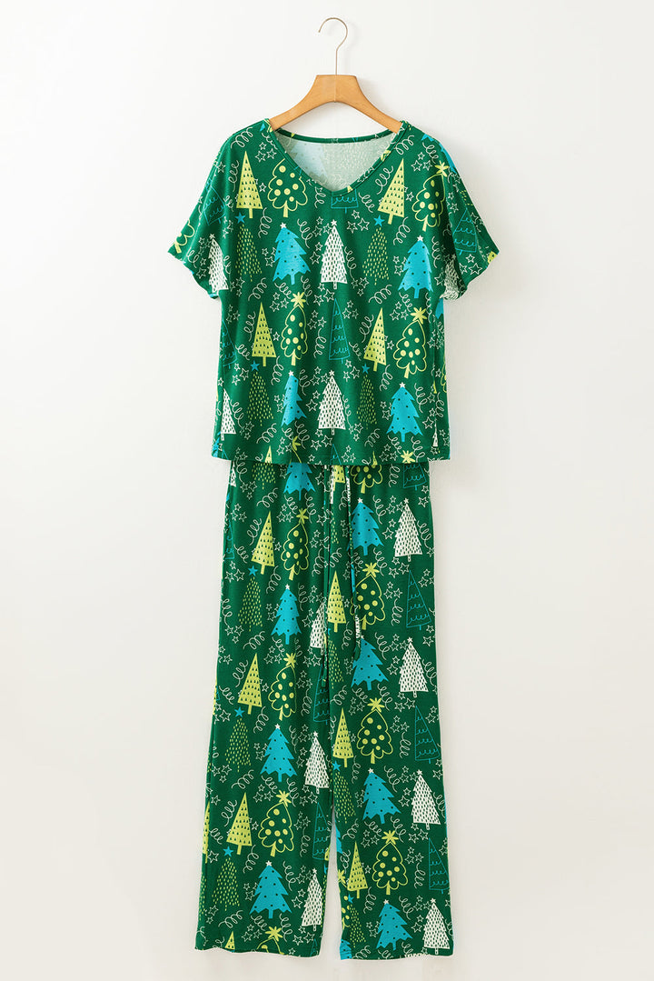 christmas tree print v neck tee and pants lounge set