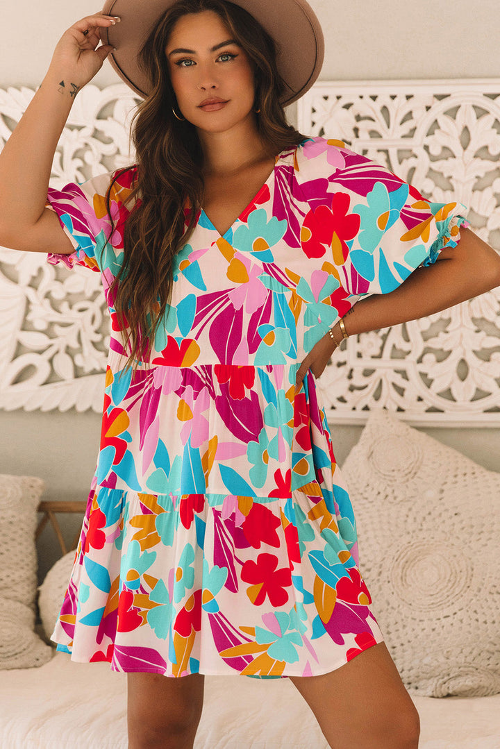 Floral Bubble Sleeve V Neck Tiered Ruffle Babydoll Dress