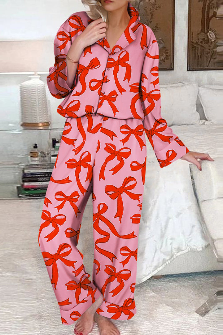 2pcs bow print shirt style long sleeve pajama set