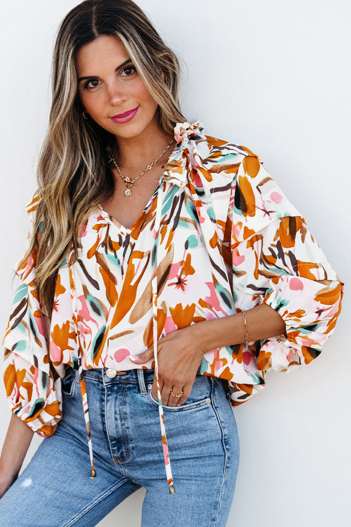 Abstract Print Drawstring Frilled V Neck 3/4 Sleeve Blouse