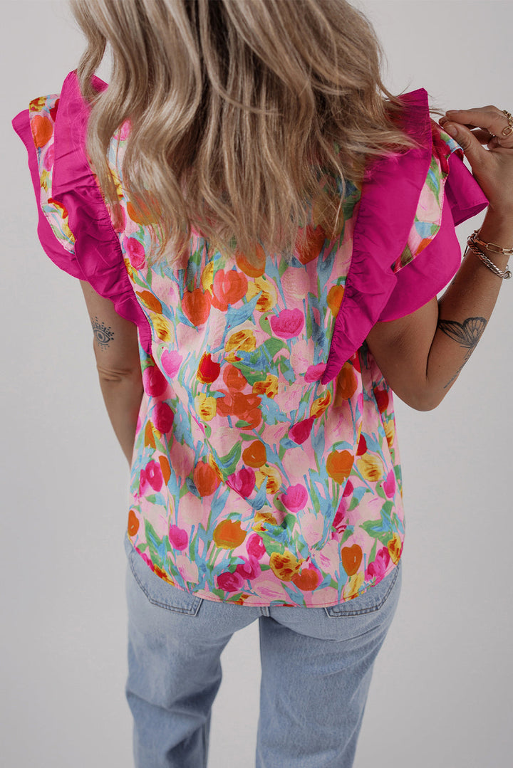 Floral Layered Ruffle Flutter Sleeve Tie V Neck Blouse