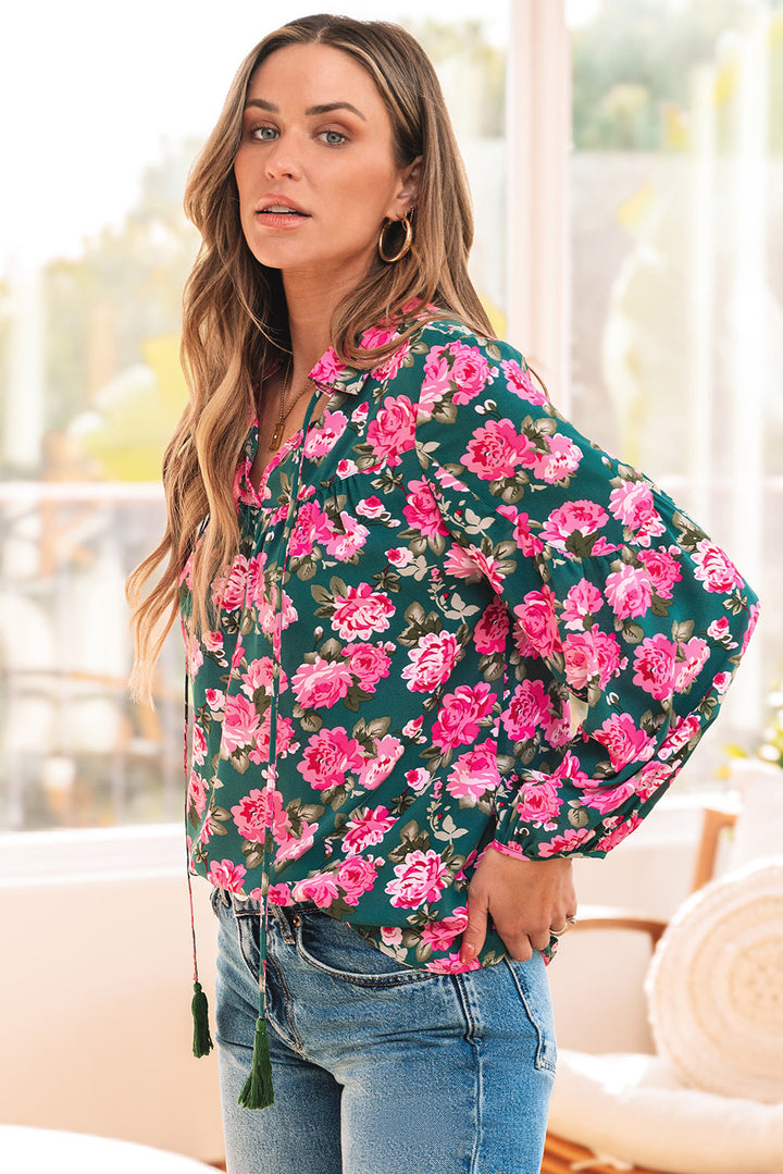 Floral Printed Tied Collar Puff Sleeve Blouse