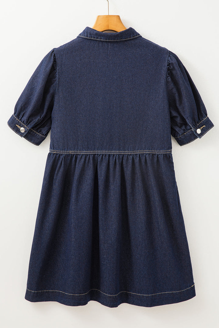 Zipped up Bodice Collared Short Puff Sleeve Denim Dress