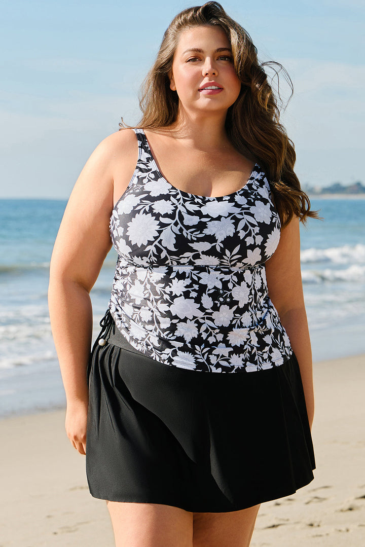 Plus Size Printed Square Neck Drawstring Ruffled Tankini Set