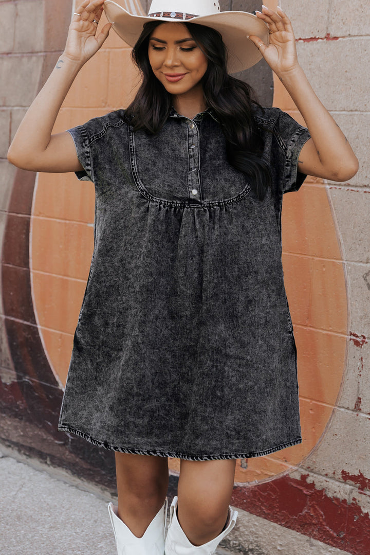 Acid Wash Button Front Collared Short Sleeve Denim Dress