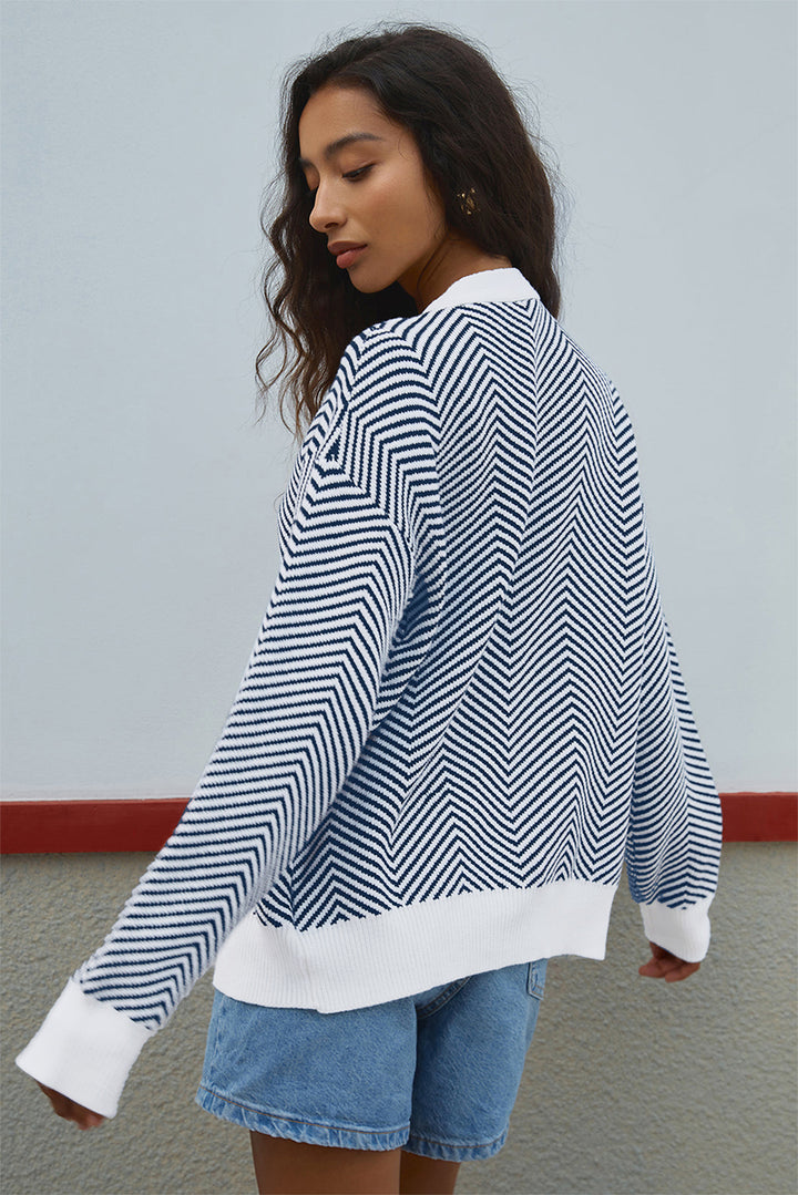 Buttoned Front V Neck Herringbone Cardigan