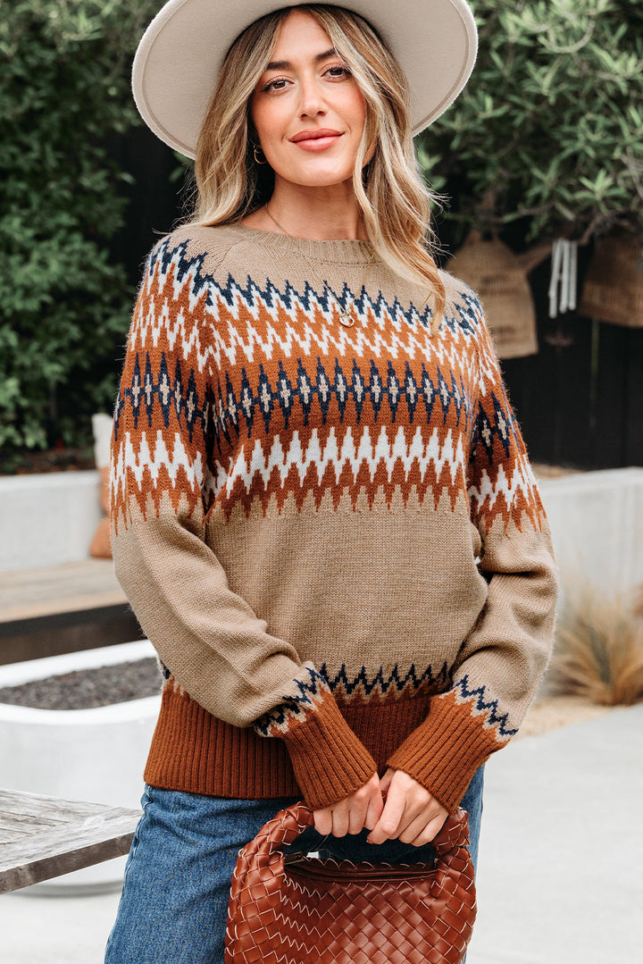 Aztec Print Colorblock Crew Neck Sweater