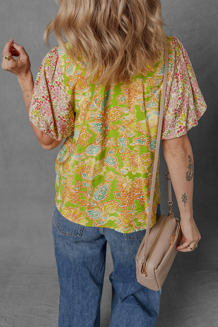 printed contrast bubble sleeve patchwork blouse