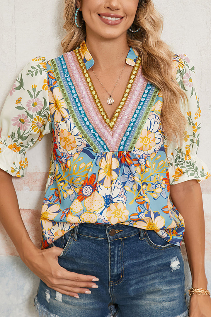 crochet v neck half sleeve boho floral blouse
