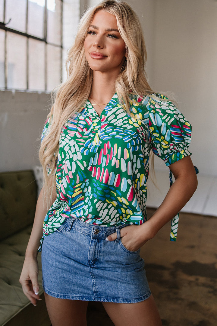 Brushwork Geometric Print Puff Sleeve Notched Neck Blouse