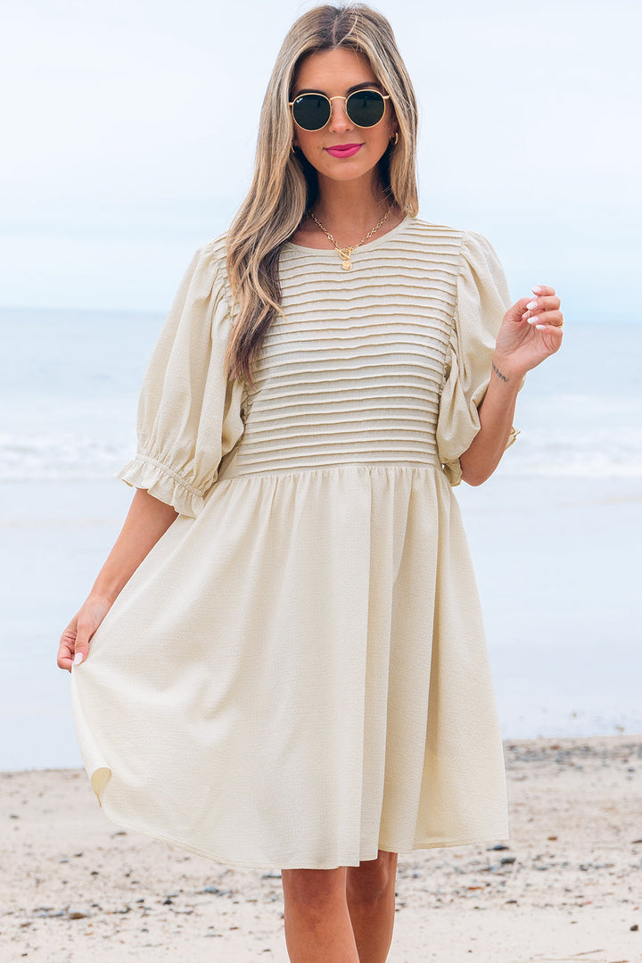 textured ruffled puff sleeve loose dress