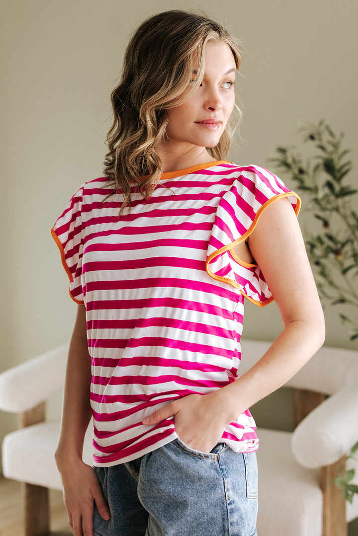 Striped Ruffle Sleeve Crew Neck Blouse