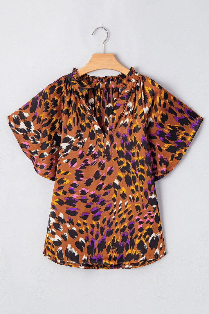 Leopard Printed Draped Short Sleeve Slit V Neck Blouse