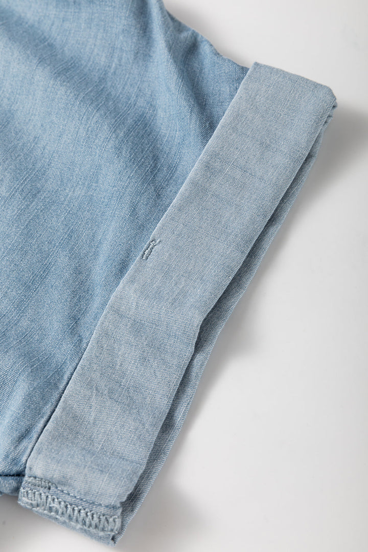 Folded Short Sleeve Patched Pocket Denim Shirt