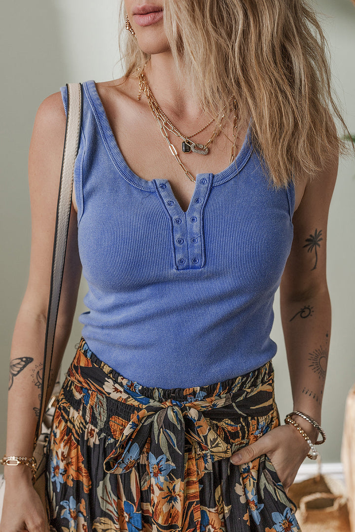 mineral wash ribbed notch neck tank top
