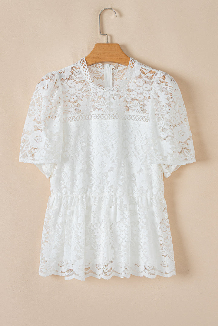 Short Sleeve Scalloped Floral Lace Peplum Blouse