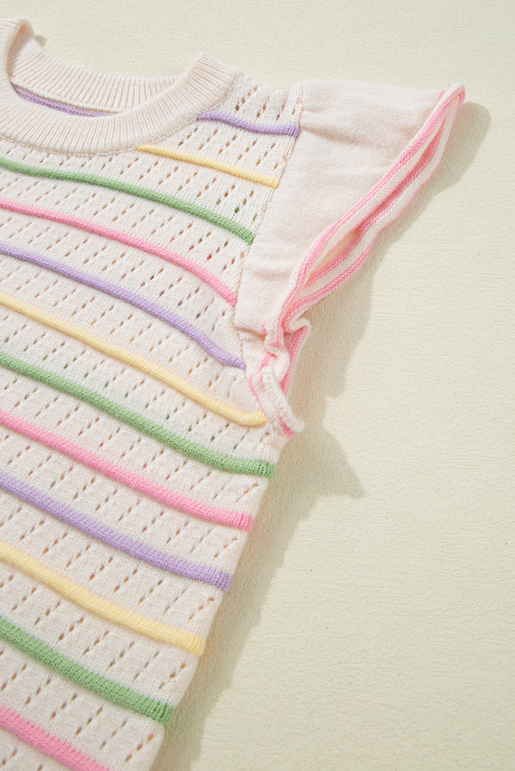 Colorful Striped Eyelet Knit Ruffled Sleeve Sweater T Shirt