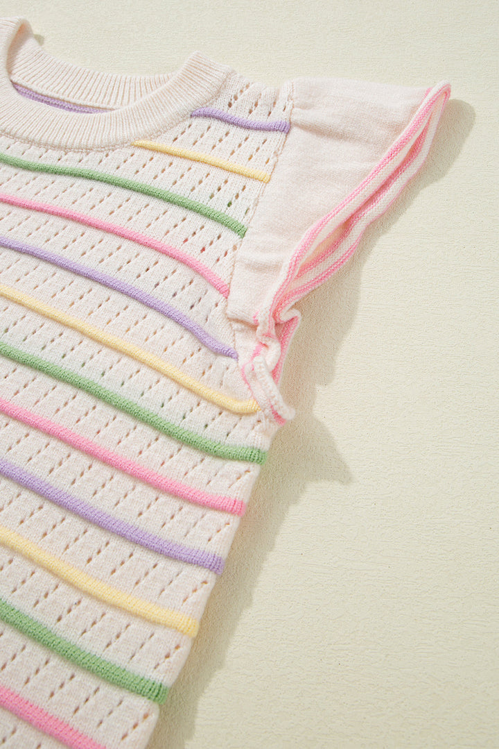 Colorful Striped Eyelet Knit Ruffled Sleeve Sweater T Shirt