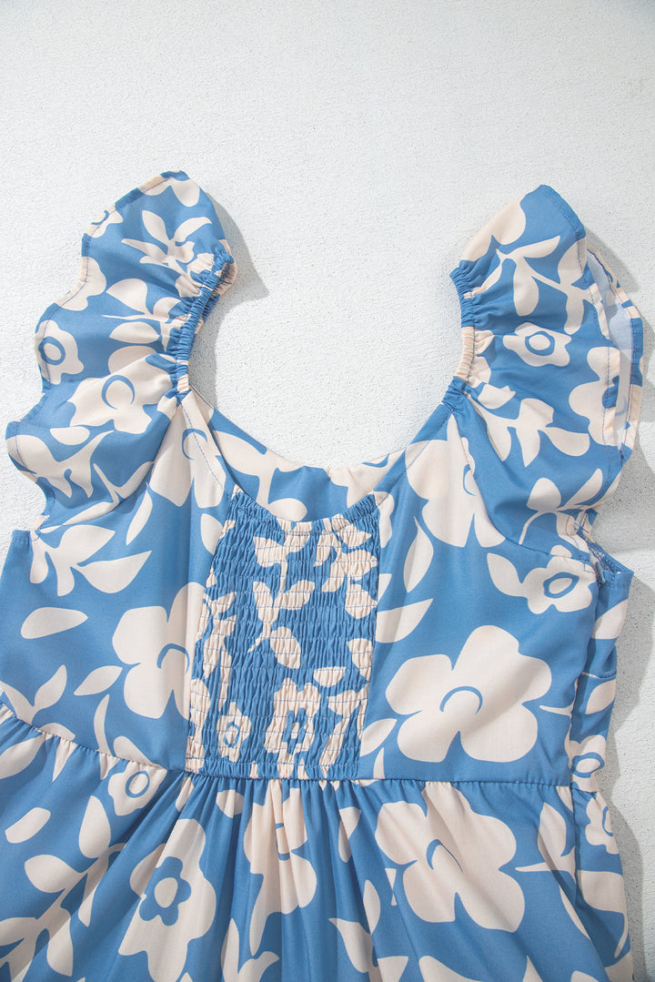 floral u neck flutter shoulder tiered flowy midi dress