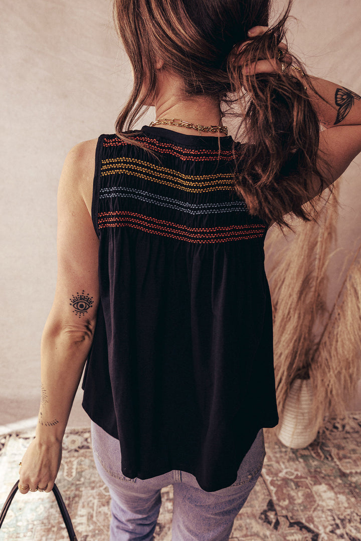 colorful shirred yoke notched v neck tank top