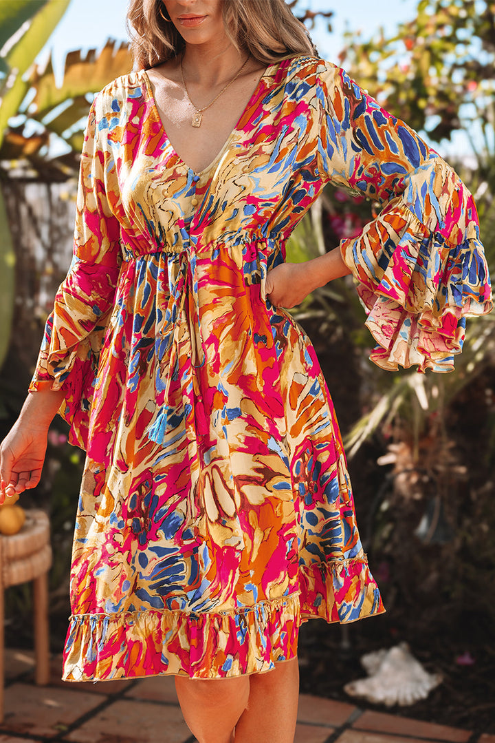 Plant Print Flared Sleeve Ruffled Hem Tunic High Waist Flowy Dress