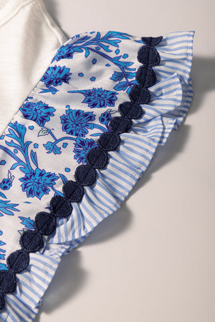 Ricrac Trim Printed Flutter Sleeve Contrast Patchwork Blouse