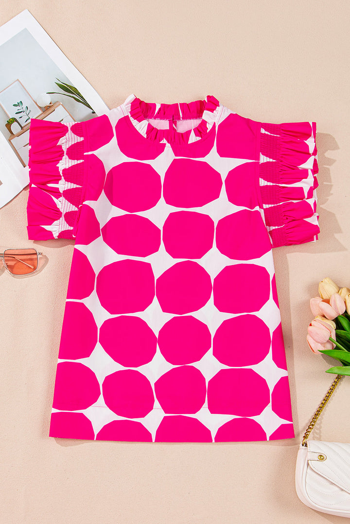 Bubblegum Pattern Frilled Collar Flutter Sleeve Top