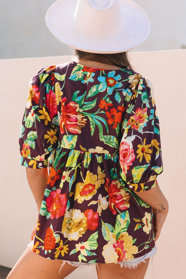 Rose Flower Embroidered Trim Half Sleeve Blouse