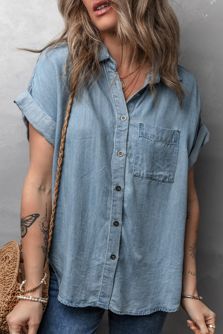 Folded Short Sleeve Patched Pocket Denim Shirt
