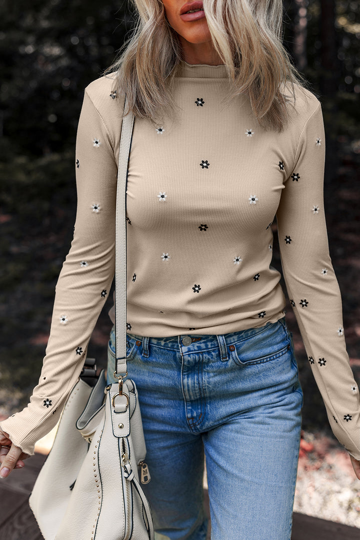 Jet Stream – Geripptes Langarmoberteil mit Blumenstickerei