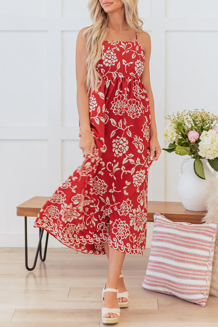 Floral Printed Spaghetti Strap Empire Waist Maxi Dress