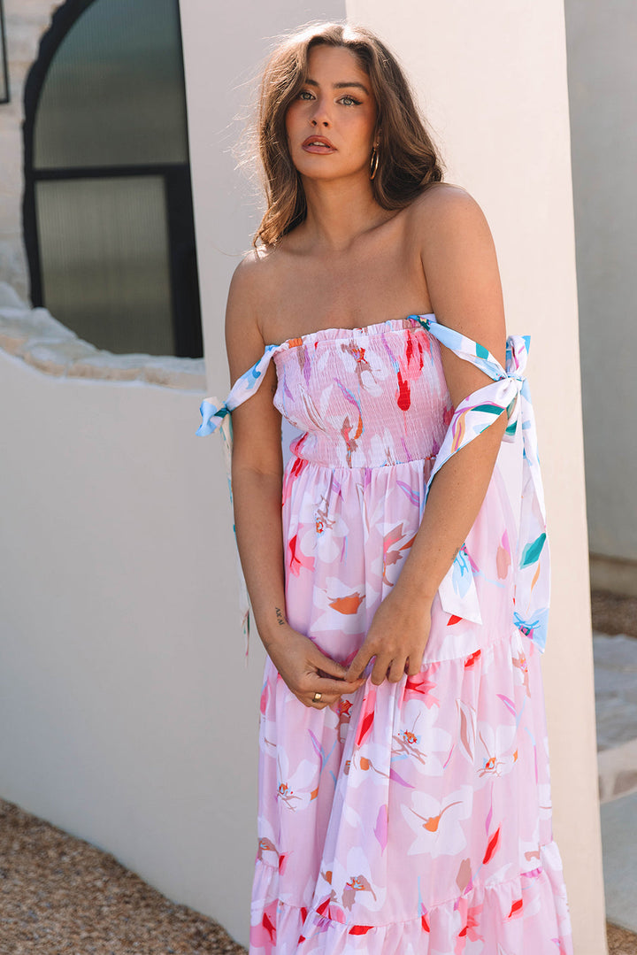Floral Print Knotted Shoulder Smocked Maxi Dress