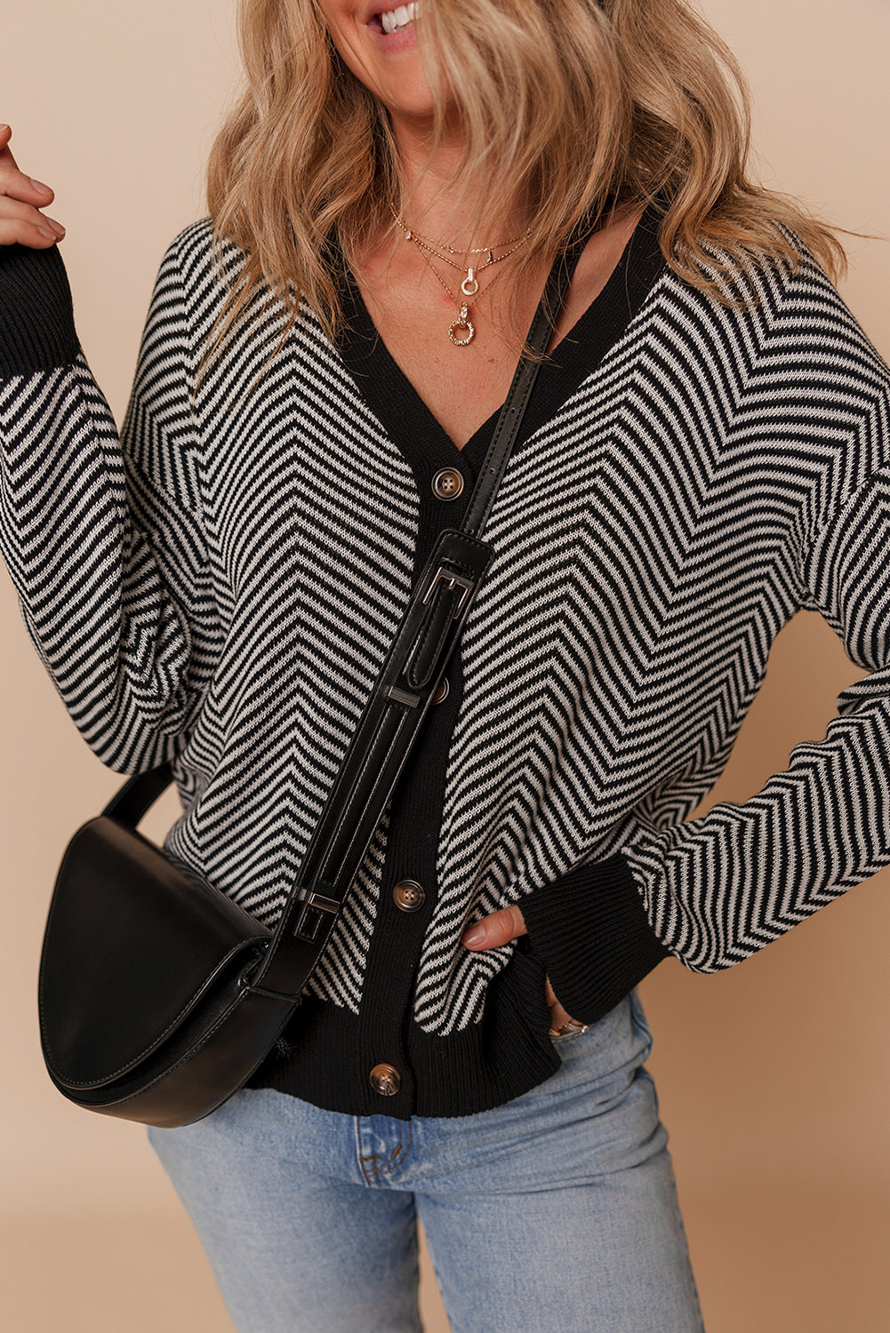 Buttoned Front V Neck Herringbone Cardigan