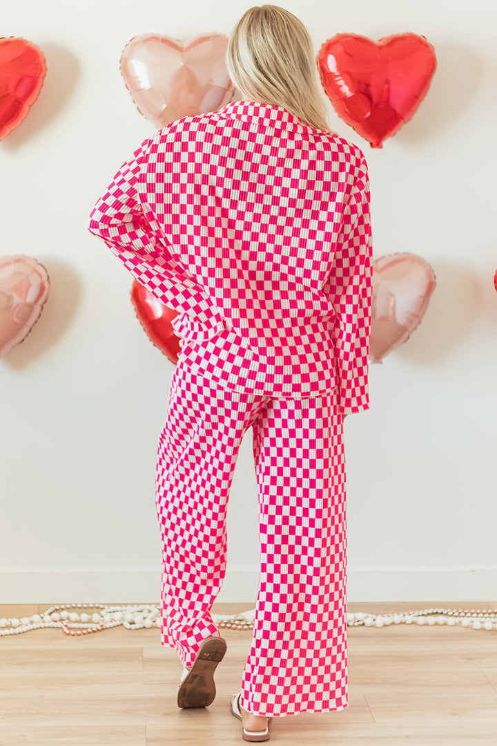checkered buttoned shirt and high waist pants pajama set