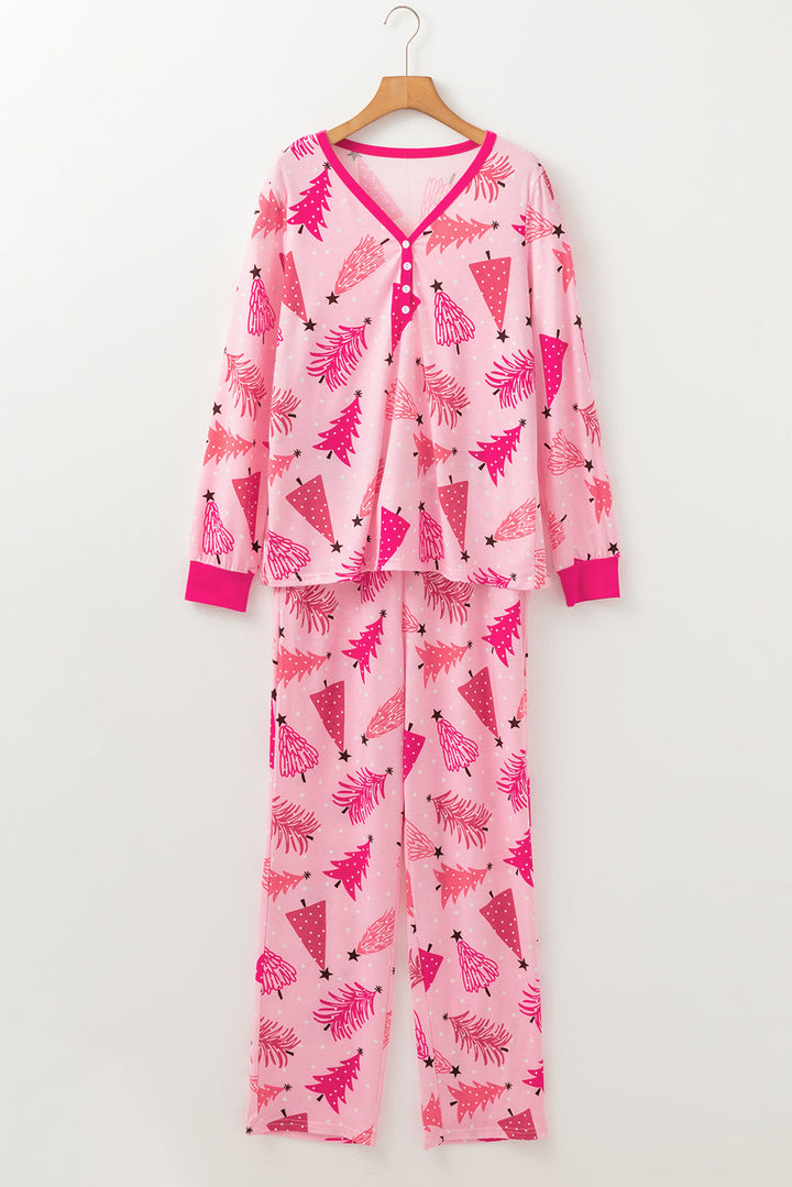 christmas tree print v neck buttoned pullover and drawstring pants lounge set