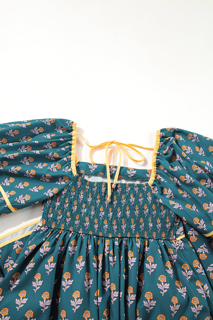 Floral Contrast Trim Square Neck Puff Sleeve Dress