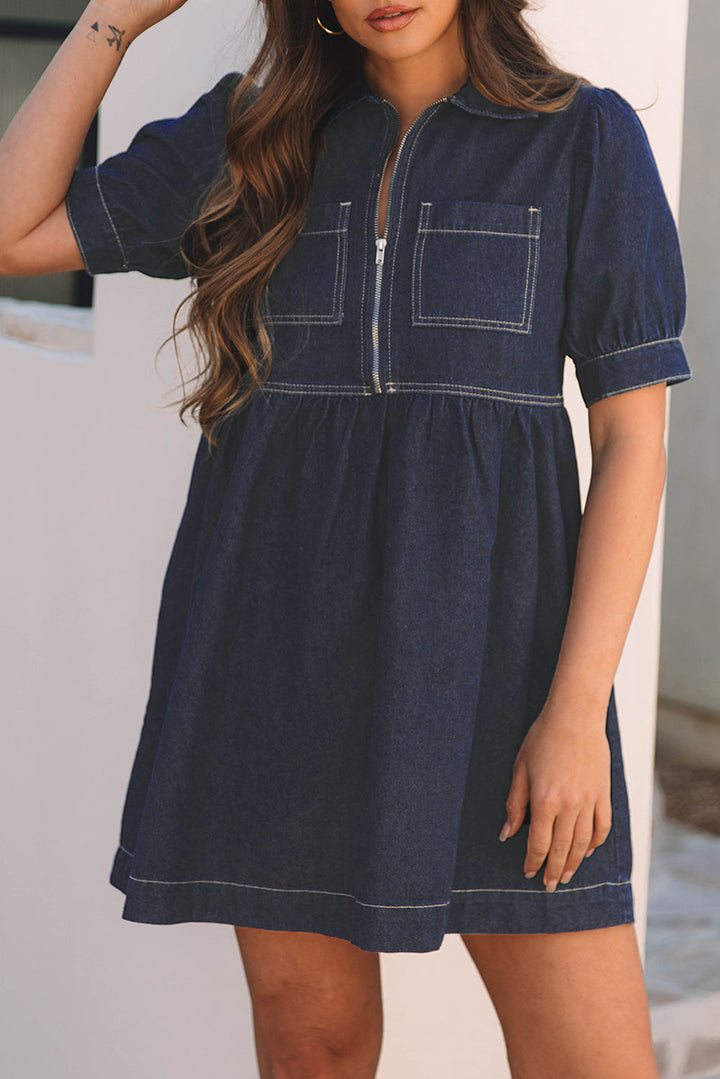 Zipped up Bodice Collared Short Puff Sleeve Denim Dress