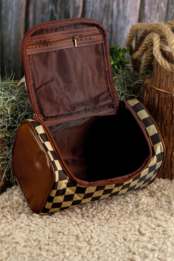 Trousse de maquillage zippée en cuir PU à carreaux