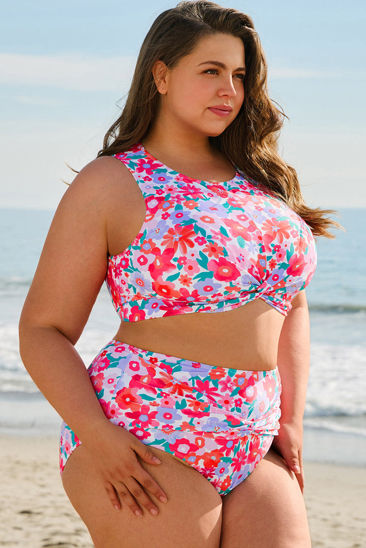 Plus Size Floral Print Twisted High Waist Bikini Set