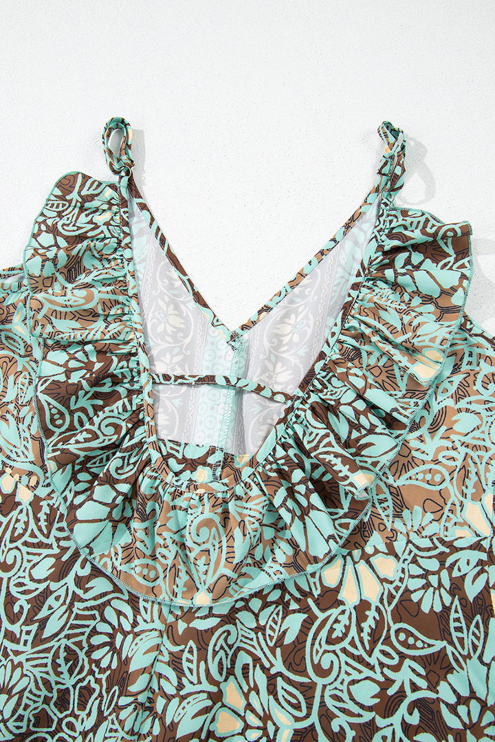 Floral Print V Neck Ruffled Trim Backless Tassel Waist Maxi Dress