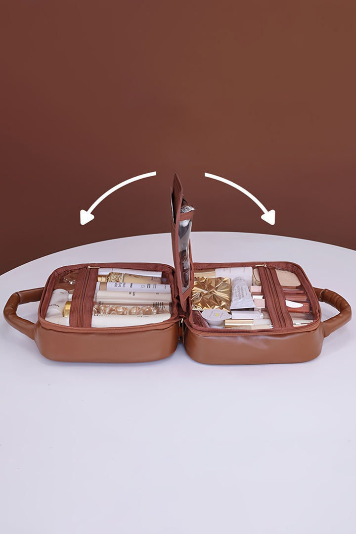 Trousse de maquillage en cuir PU à carreaux avec plusieurs compartiments