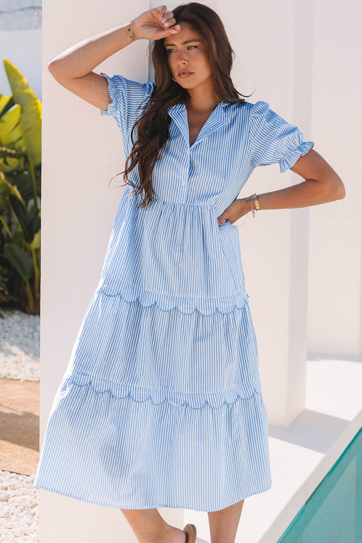 Bubble Short Sleeve Tiered Scallop Long Dress