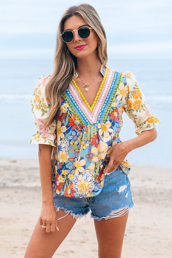 crochet v neck half sleeve boho floral blouse