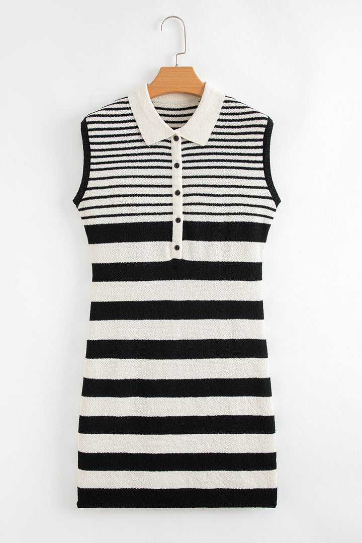 Mixed Striped Print Half Placket Collared Cap Sleeve Bodycon Sweater Dress