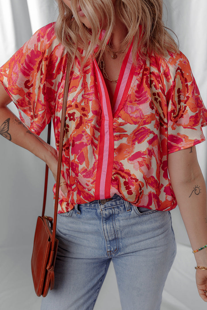 abstract print striped trim split neck blouse